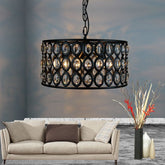 Lámpara de techo de tambor negro vintage: lámpara de araña de cristal y metal de 3 luces para sala de estar